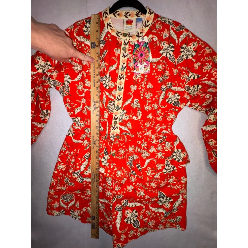 Farm Rio Anthropologie Long Sleeve  Romper Red Orange Floral Cotton $228 NWT - Picture 6 of 14